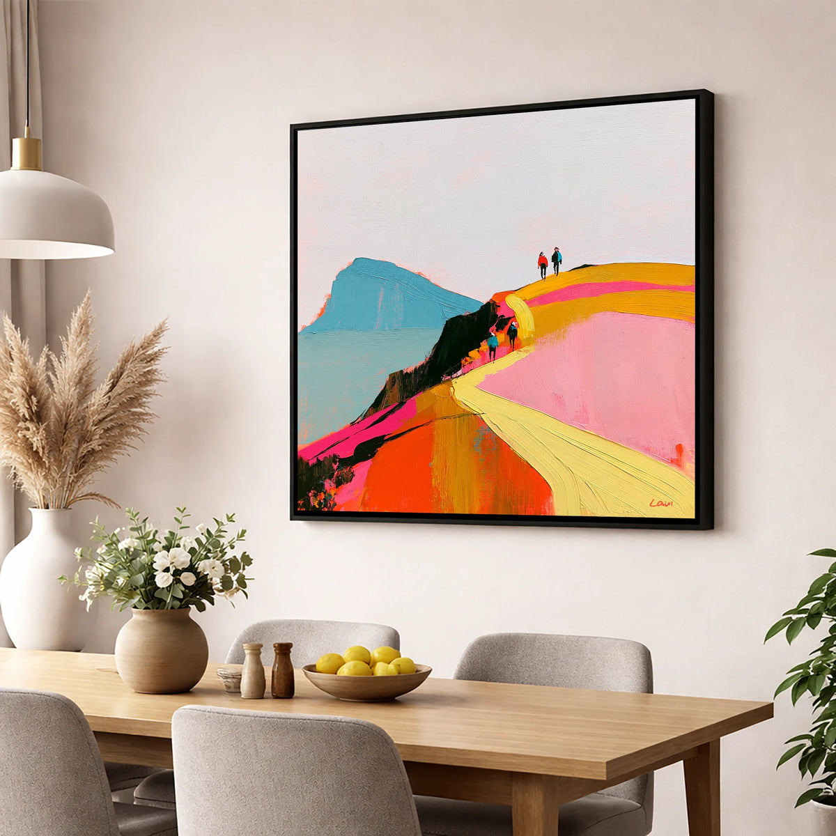 Walkers on a Vibrant Ridge lake district walking wall art displayed in a dining room