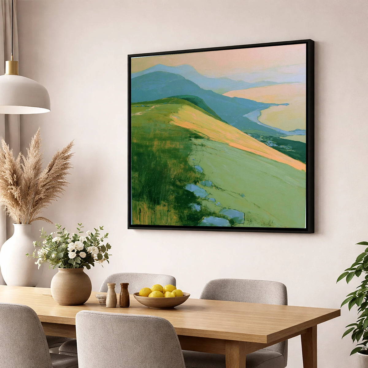 Fell Summit in Golden Light lake district fell wall art displayed in a dining room