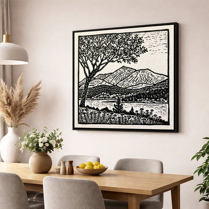 Monochrome Skiddaw and Lake lake district fell wall art displayed in a dining room