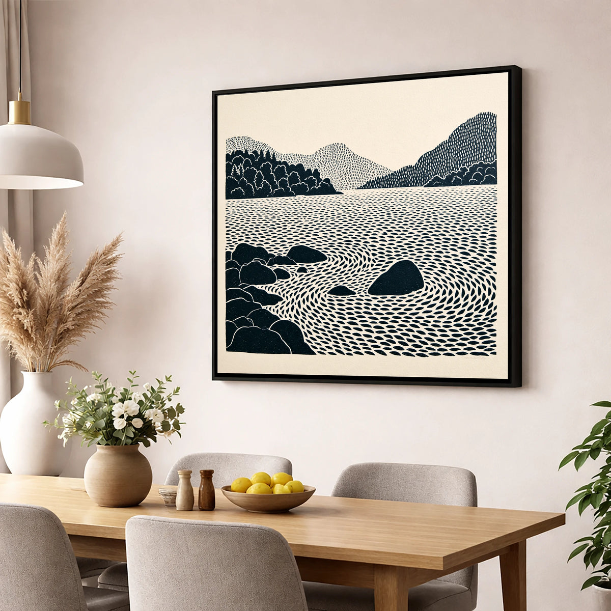 Coniston Water Rhythmic Ripples lake district lake wall art displayed in a dining room