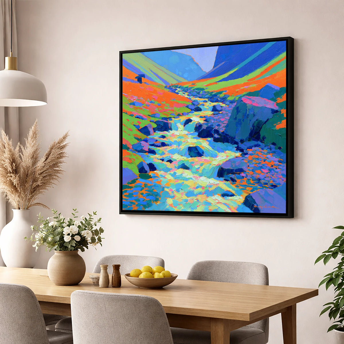 Vivid Flowing Fellside Beck lake district waterfall wall art displayed in a dining room