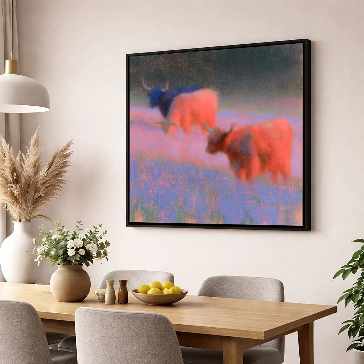 Luminous Highland Cattle Grazing lake district wildlife wall art displayed in a dining room