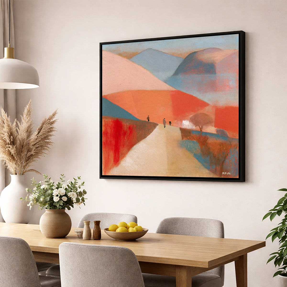 Walkers on a Coral Mountain Path lake district walking wall art displayed in a dining room