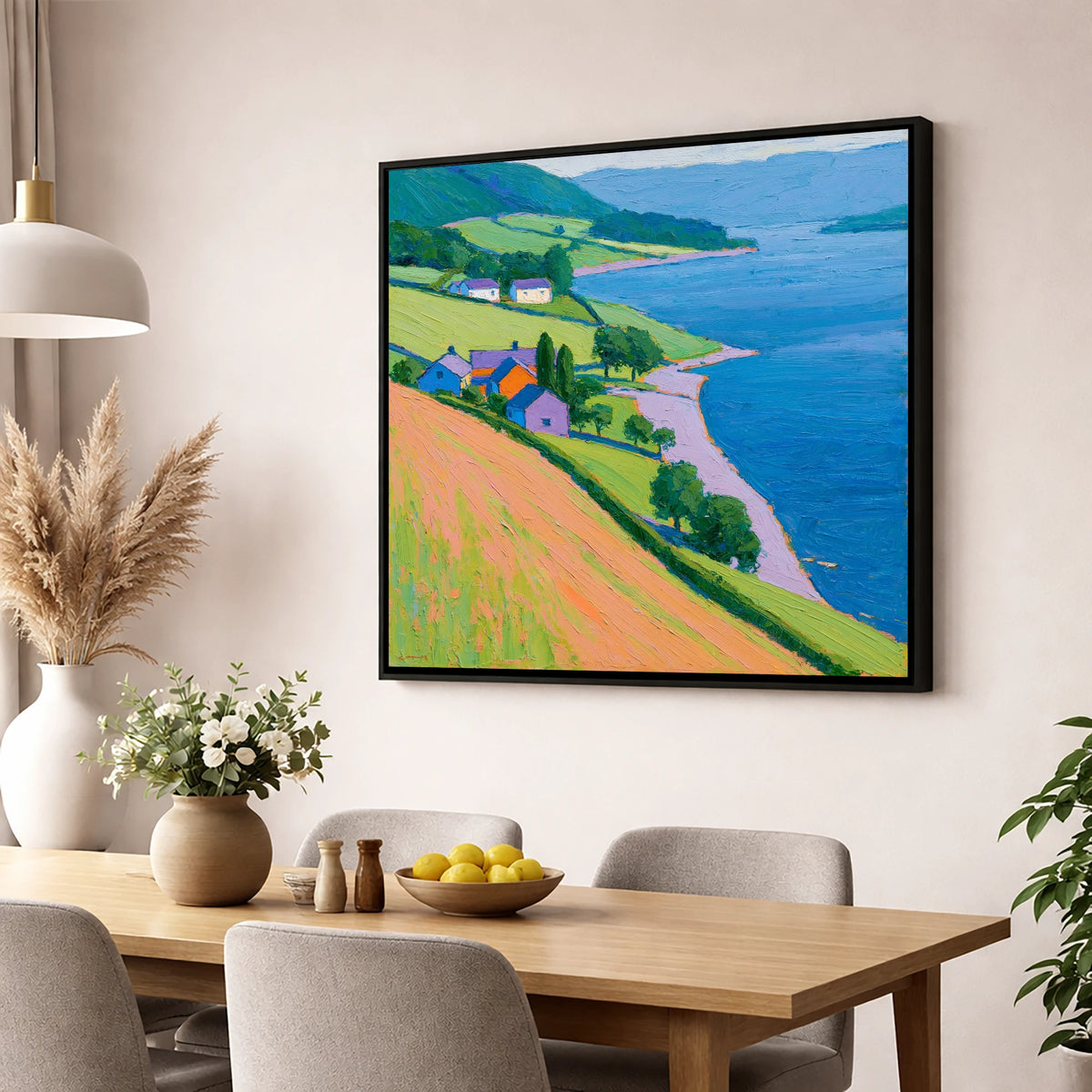 Colourful Lakeside Village lake district village wall art displayed in a dining room