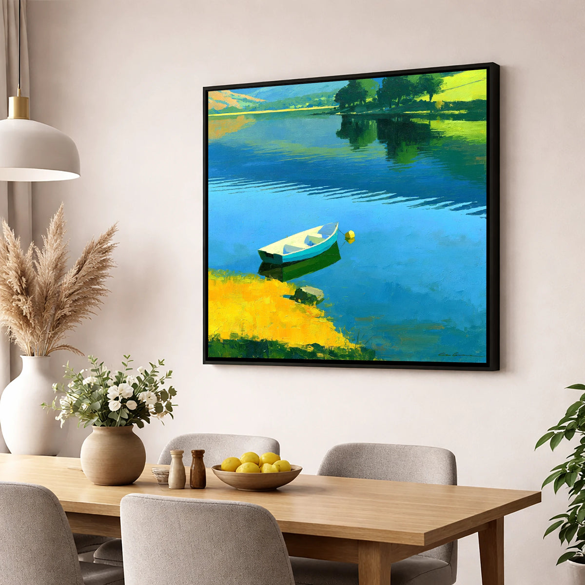 Blue Rowing Boat on Luminous Water lake district lake wall art displayed in a dining room