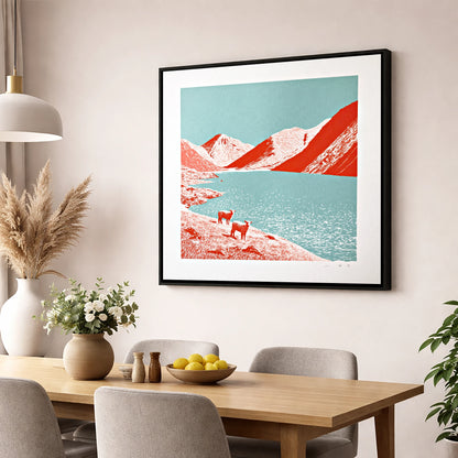 Wastwater Fells in Bold Red lake district lake wall art displayed in a dining room