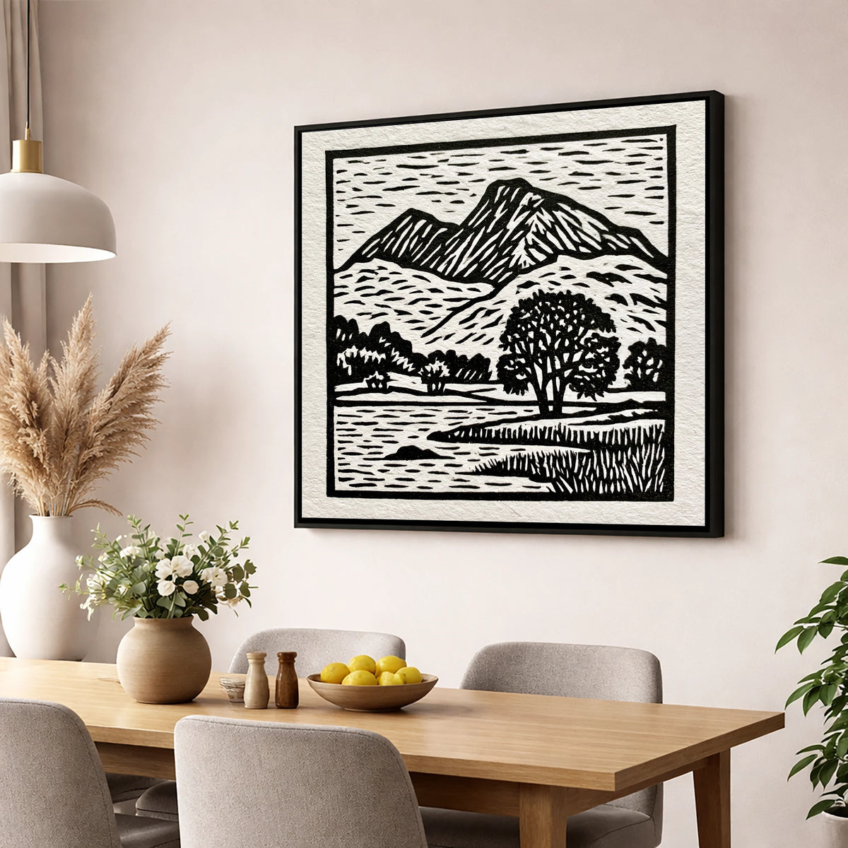 Monochrome Fells Over Grasmere lake district lake wall art displayed in a dining room