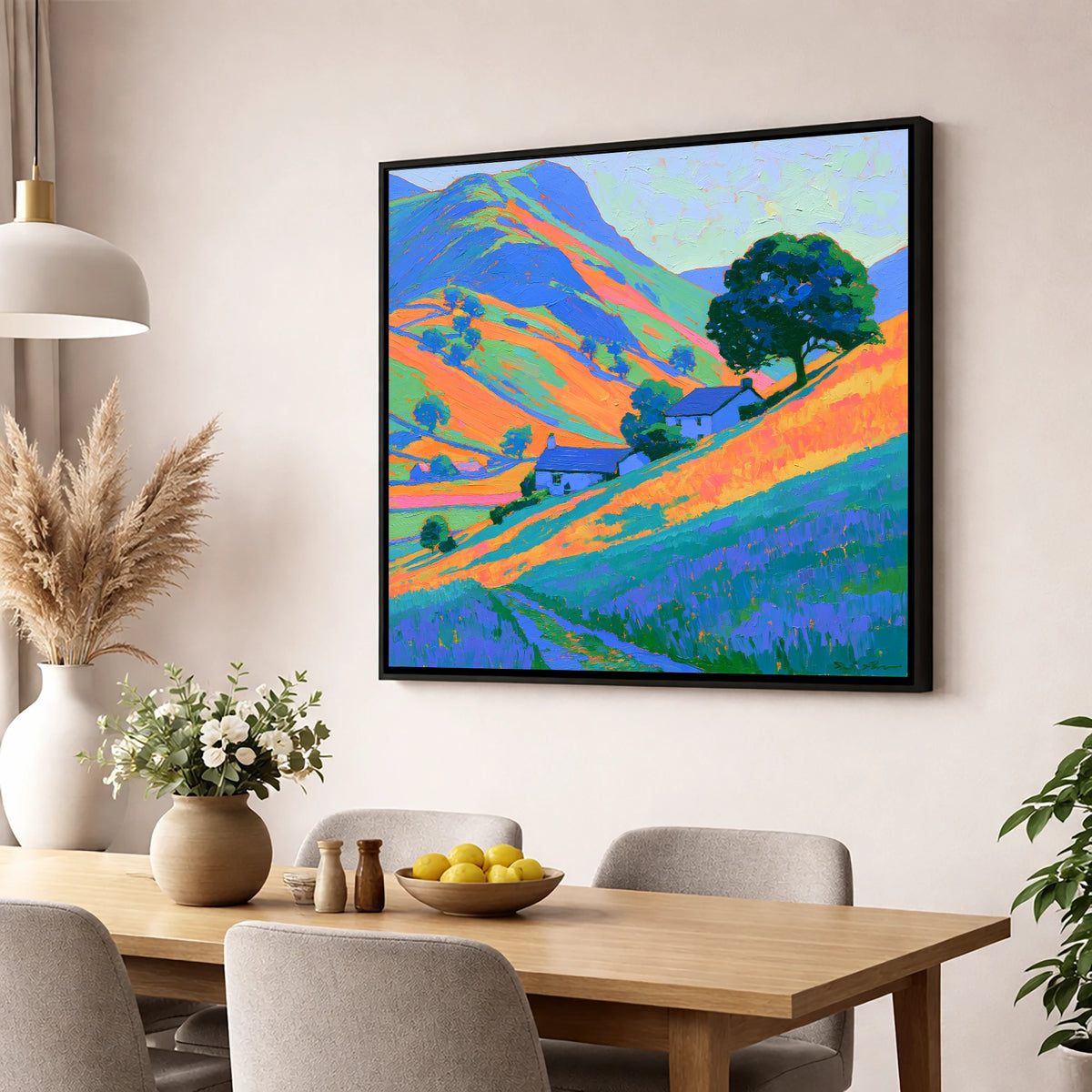 Fellside Cottages in Golden Evening Light lake district sky wall art displayed in a dining room
