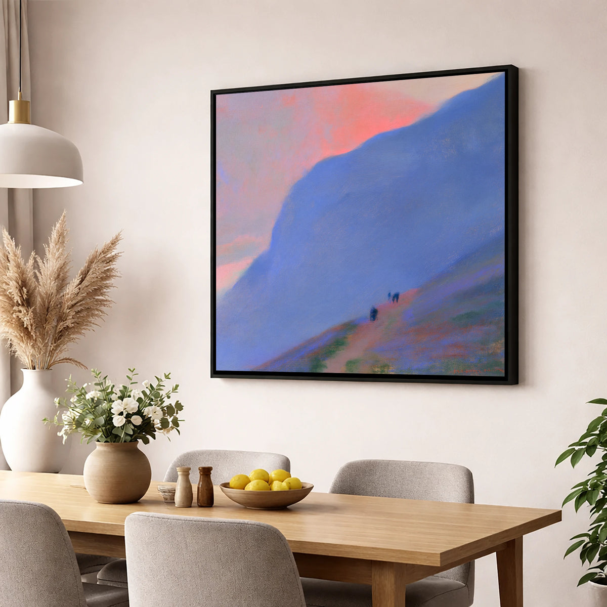 Walkers Ascending the Twilight Fell lake district walking wall art displayed in a dining room