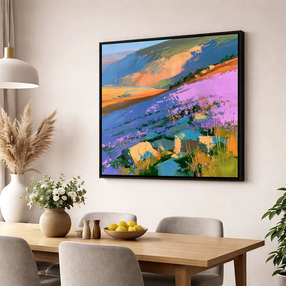 Vibrant Purple Heather Fellside flowers & fellsides wall art displayed in a dining room