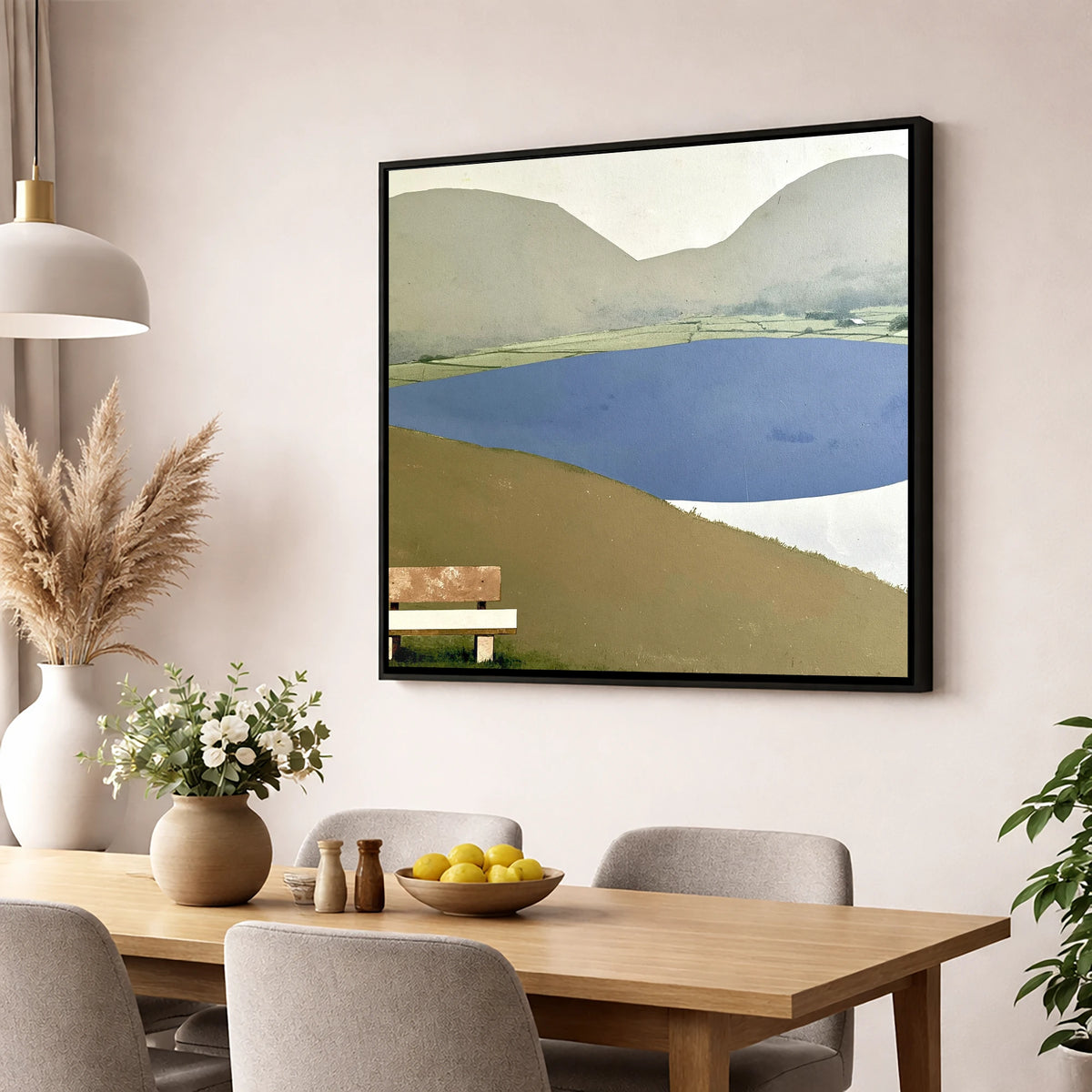 Bench Above Slate Blue Loweswater lake district lake wall art displayed in a dining room