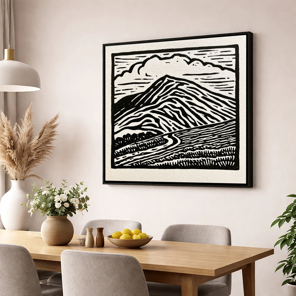 Black and White Blencathra Fell lake district fell wall art displayed in a dining room