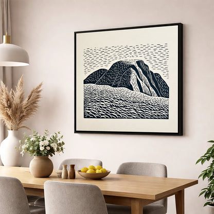 Graphic Monochrome Great Gable lake district fell wall art displayed in a dining room