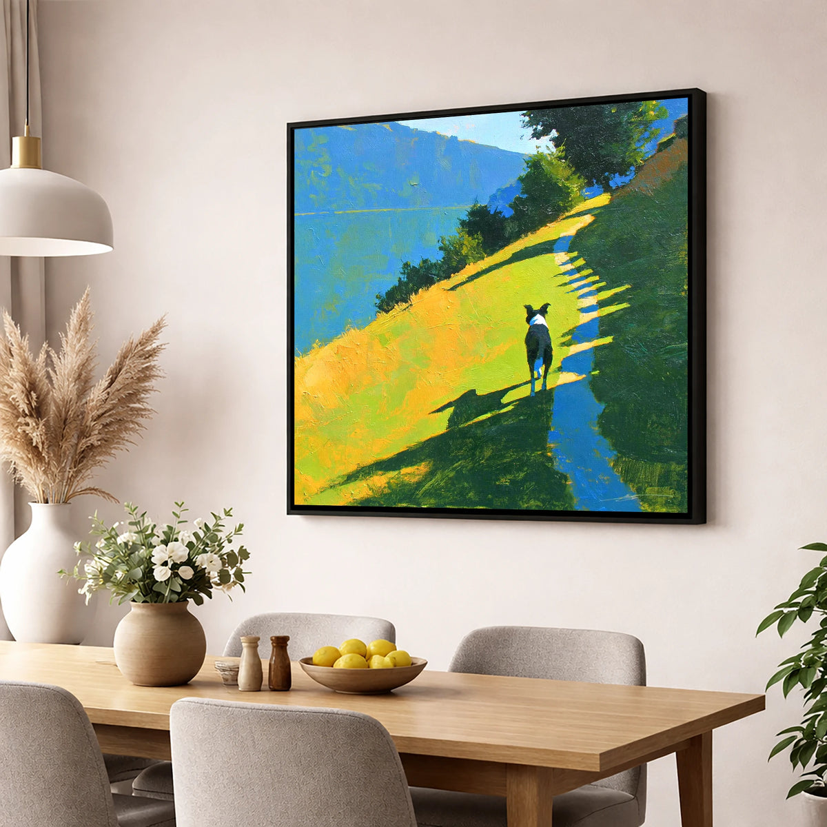 Collie on an Ambleside Path gifts for dog walkers wall art displayed in a dining room