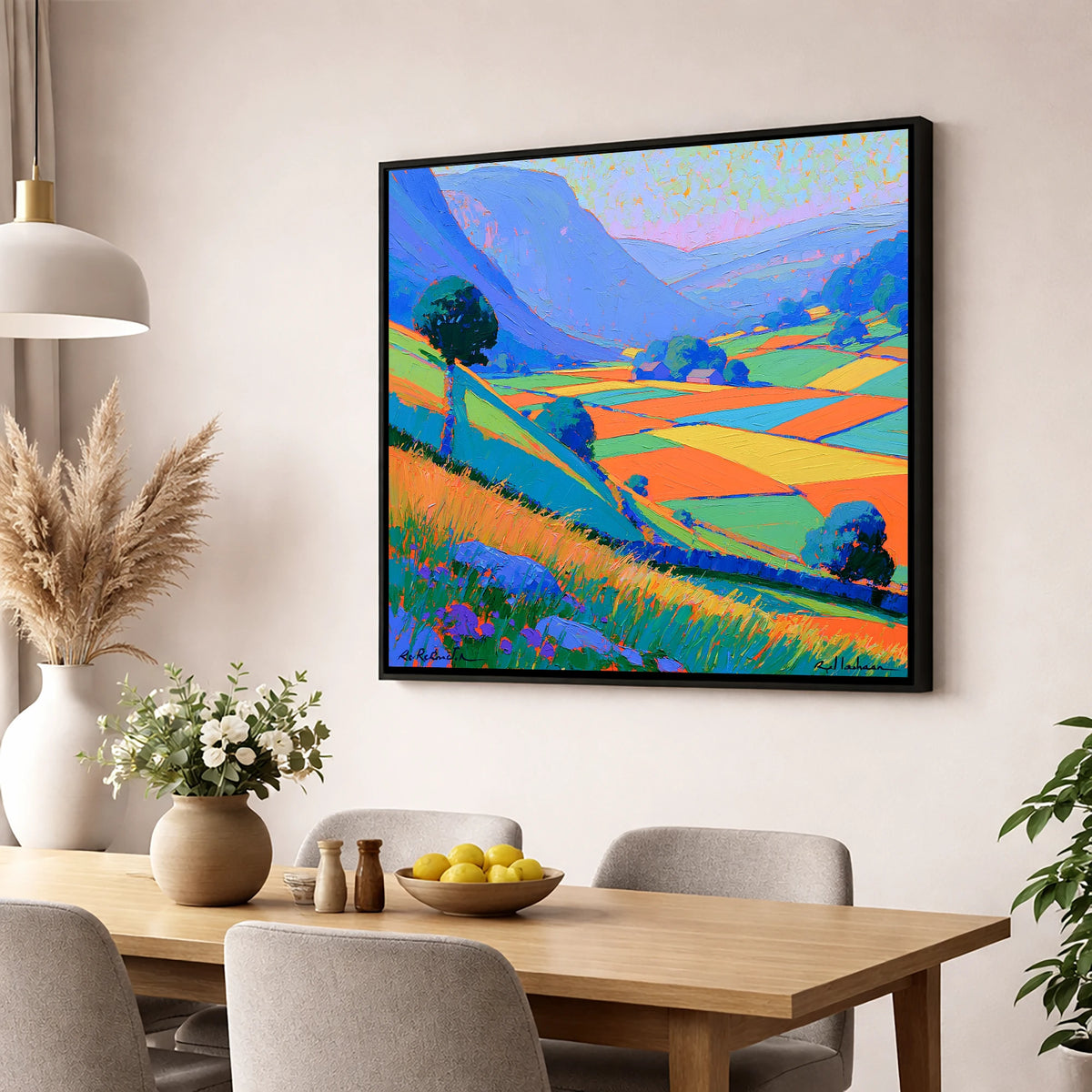 Bold Patchwork Fields and Fells lake district valley wall art displayed in a dining room