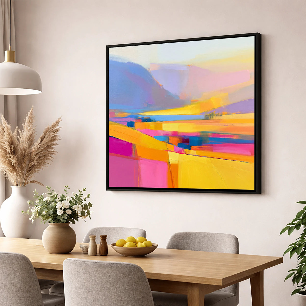Vivid Lake District Dale Fields lake district valley wall art displayed in a dining room