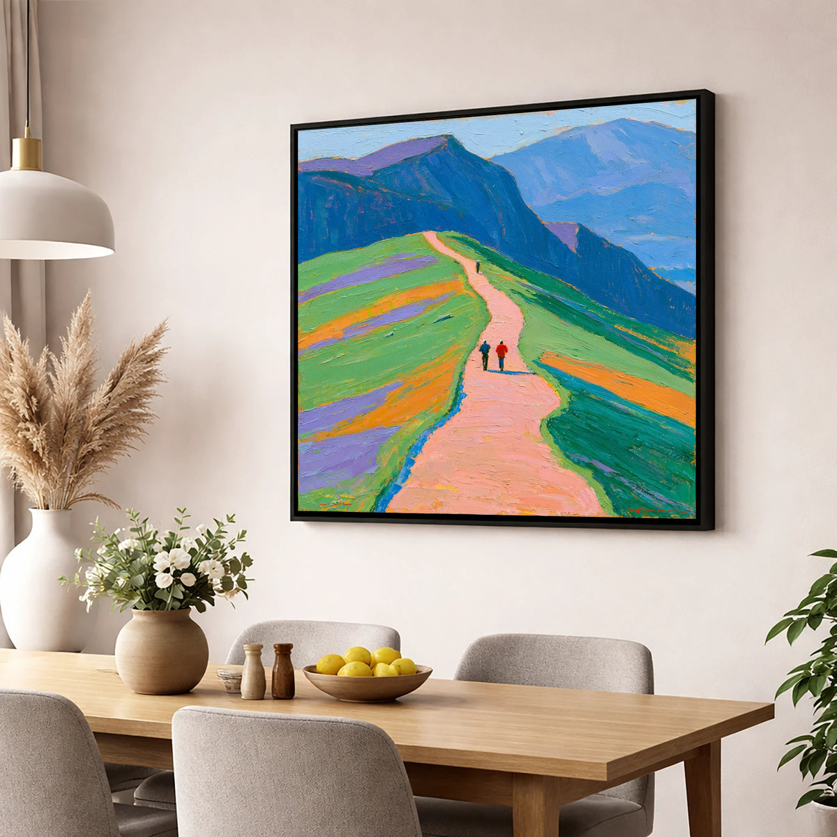 Walkers on a Vibrant Mountain Path lake district walking wall art displayed in a dining room