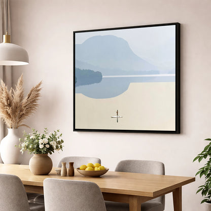 Paddleboarding Under Misty Blue Fells lake district walking wall art displayed in a dining room