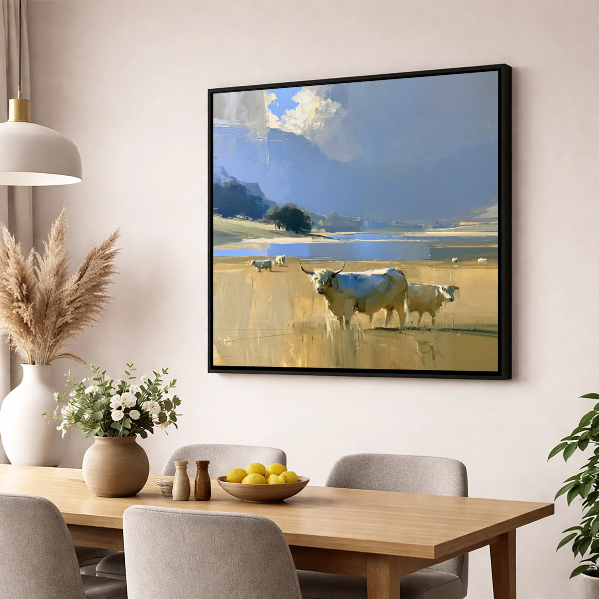 Highland Cattle Before Moody Fells lake district wildlife wall art displayed in a dining room