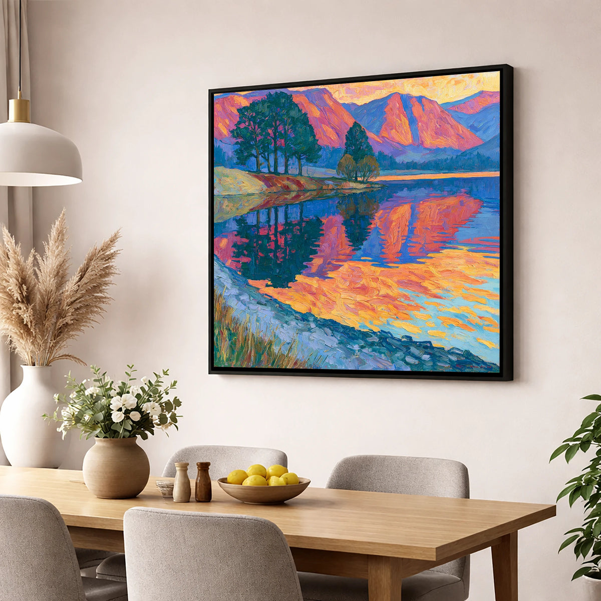 Vivid Dawn Lake Reflection lake district lake wall art displayed in a dining room