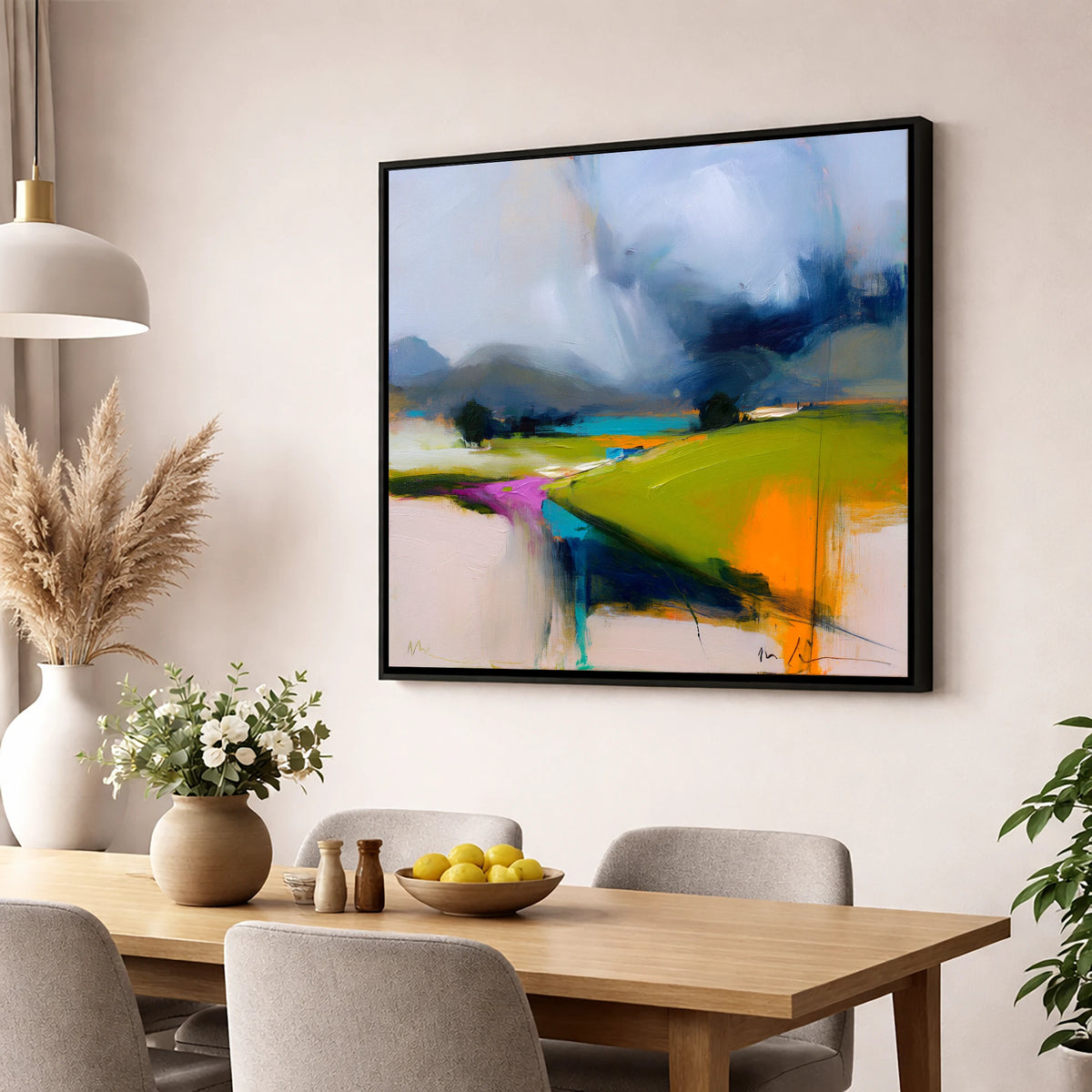Storm Skies Over Bright Fells lake district sky wall art displayed in a dining room