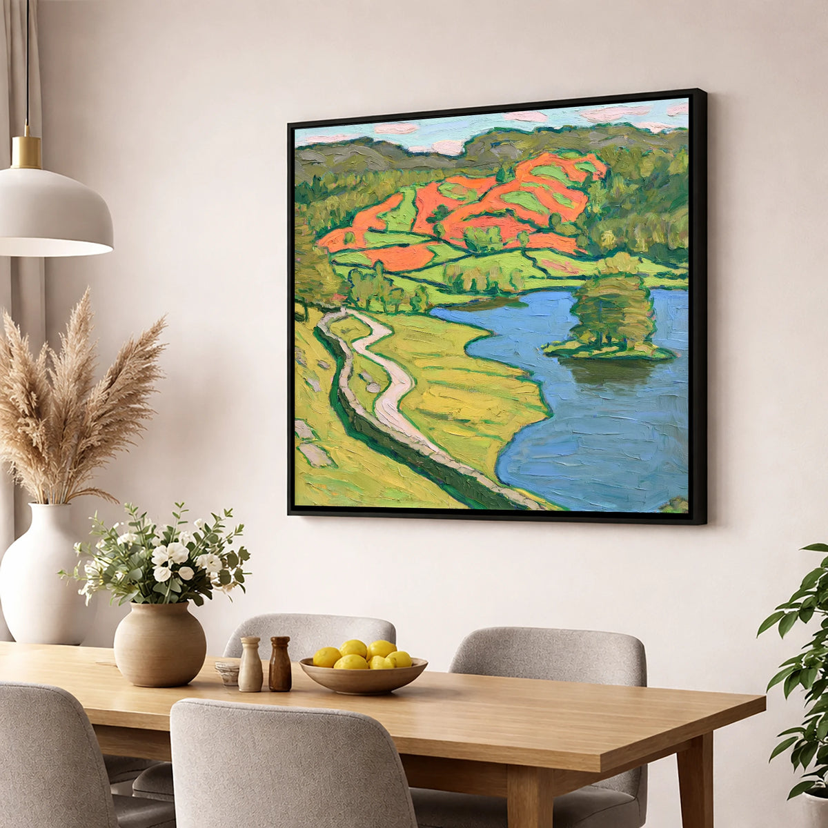 Vibrant Rydal Water Shore Path lake district lake wall art displayed in a dining room