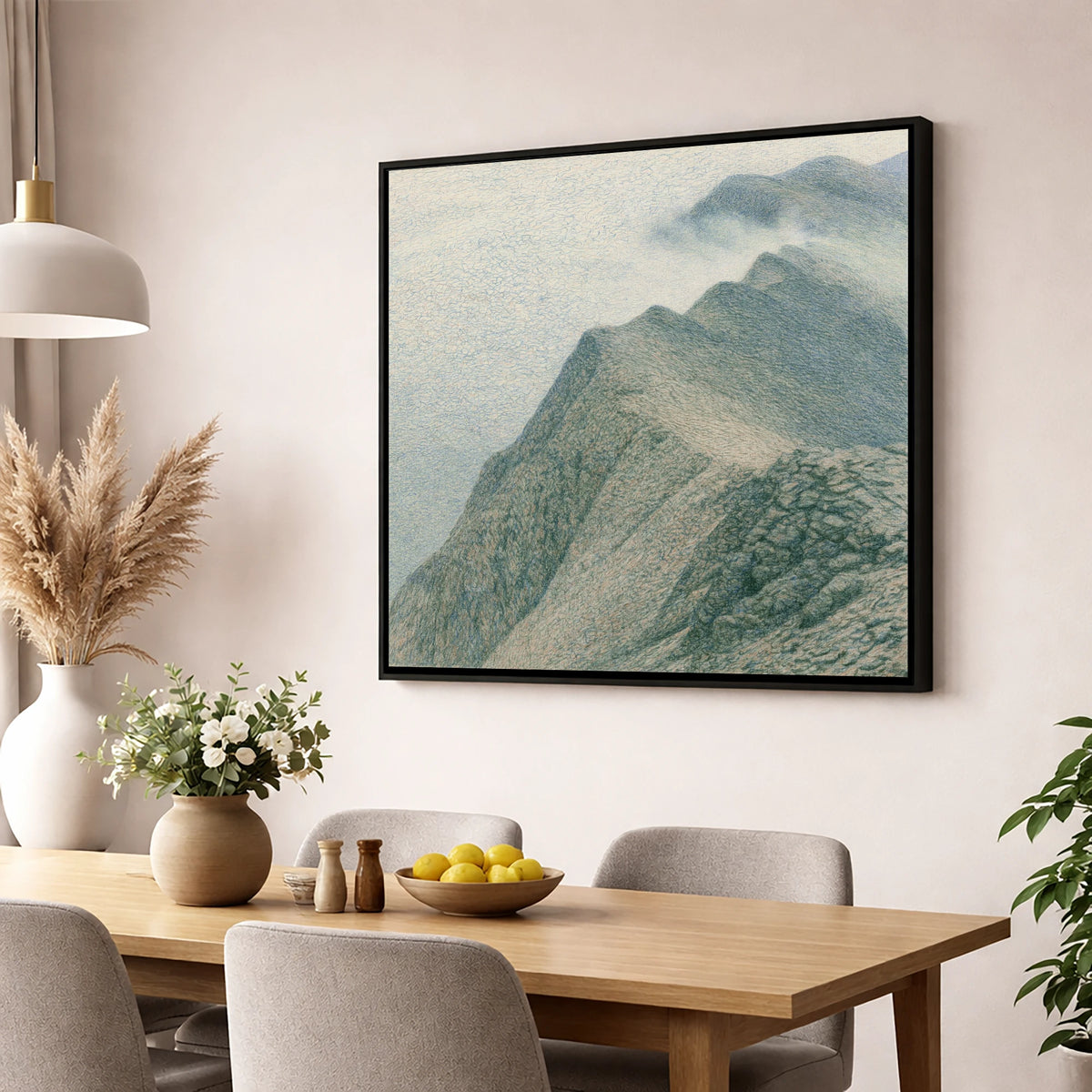 Textured Mountain Ridge in Mist lake district fell wall art displayed in a dining room