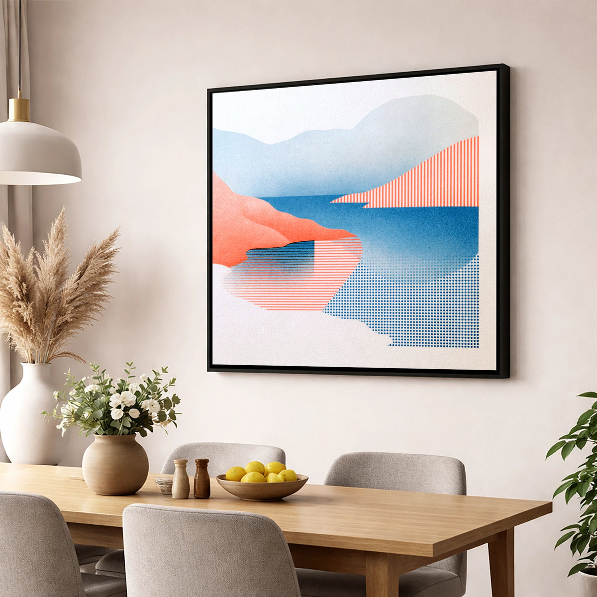 Buttermere Fells in Coral and Blue lake district lake wall art displayed in a dining room