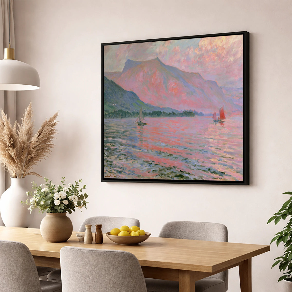 Sunset Sailboats on Windermere lake district lake wall art displayed in a dining room