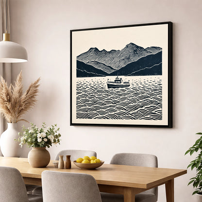 Windermere Cruiser Against Rhythmic Fells lake district lake wall art displayed in a dining room