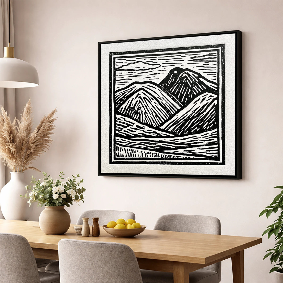 Bowfell in Stark Black and White lake district fell wall art displayed in a dining room