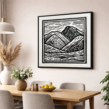 Bowfell in Stark Black and White lake district fell wall art displayed in a dining room