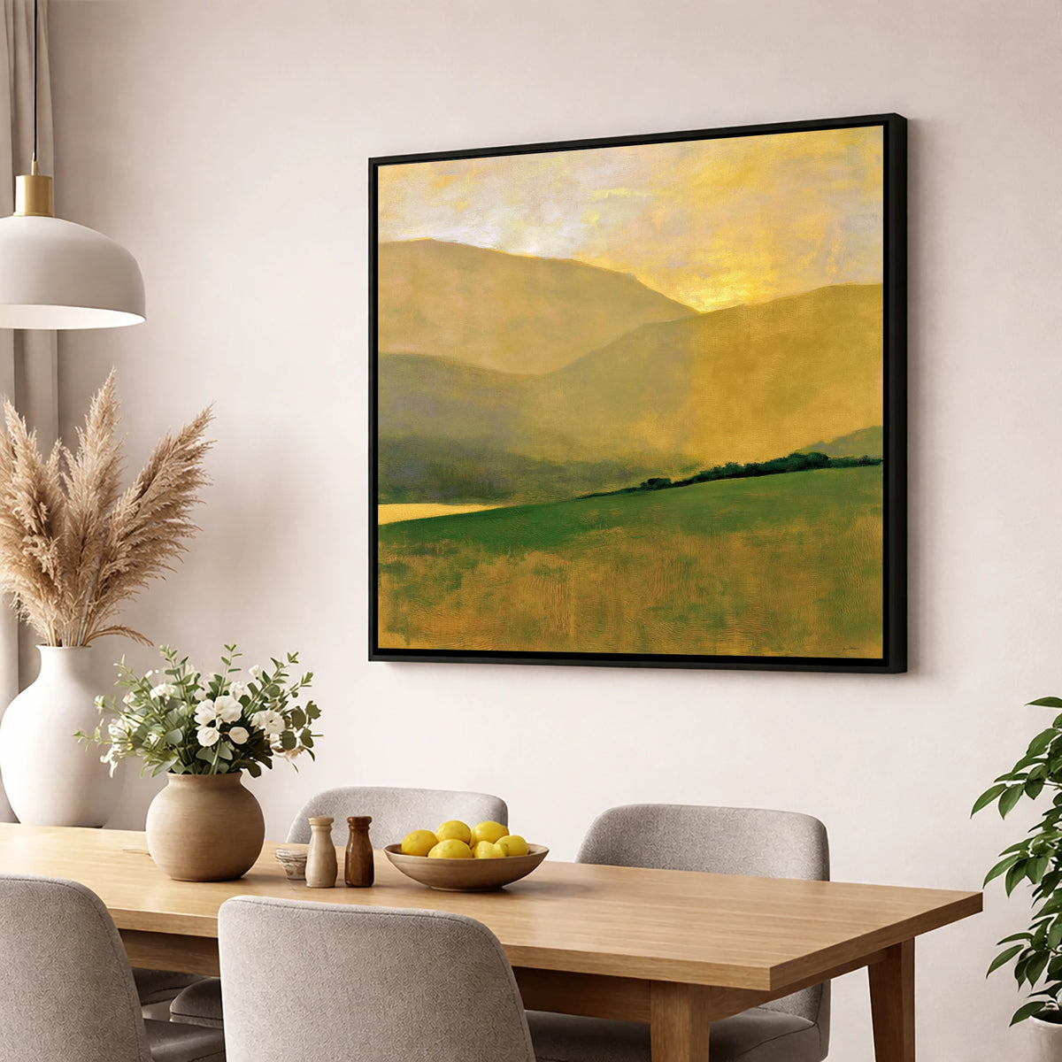 Golden Fells and Green Valley lake district valley wall art displayed in a dining room