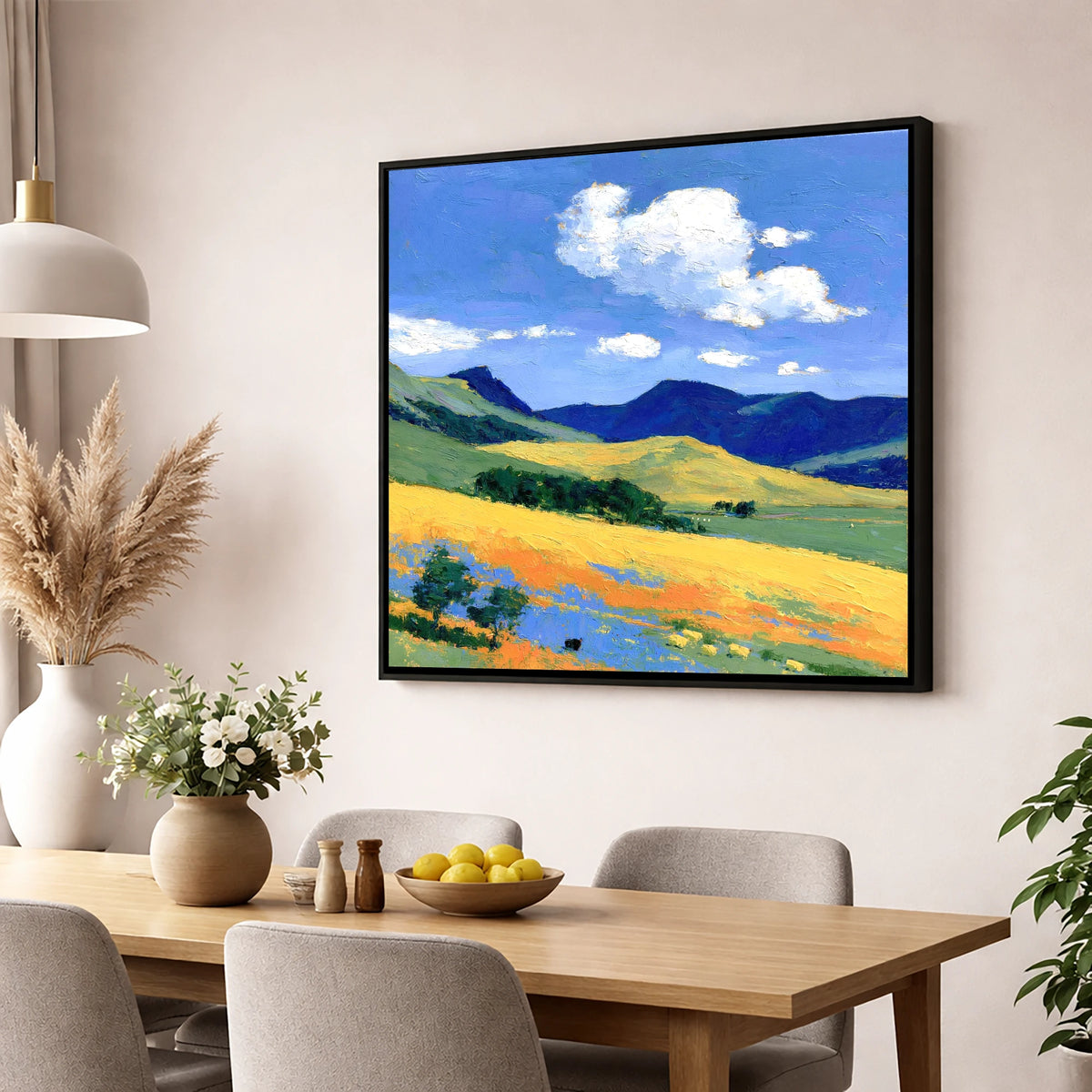 Golden Fells Beneath Summer Clouds lake district fell wall art displayed in a dining room