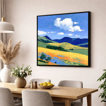 Golden Fells Beneath Summer Clouds lake district fell wall art displayed in a dining room