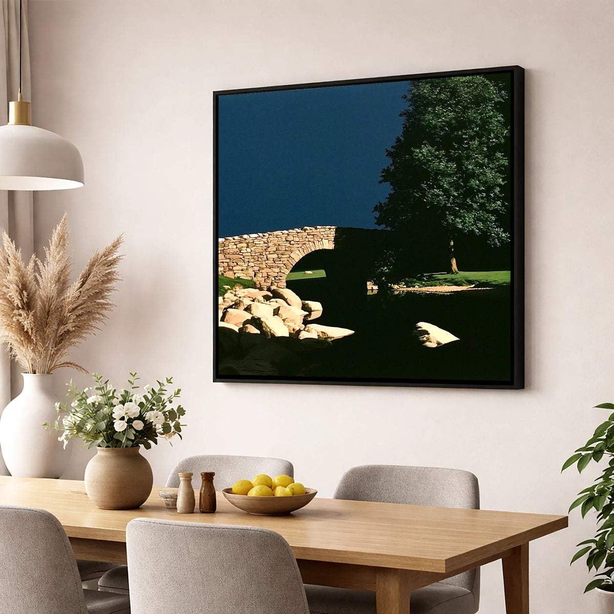 Stone Bridge Against Midnight Sky lake district waterfall wall art displayed in a dining room