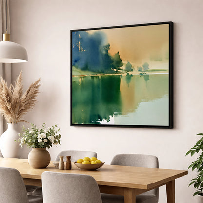 Calm Lake Reflections In Teal lake district lake wall art displayed in a dining room
