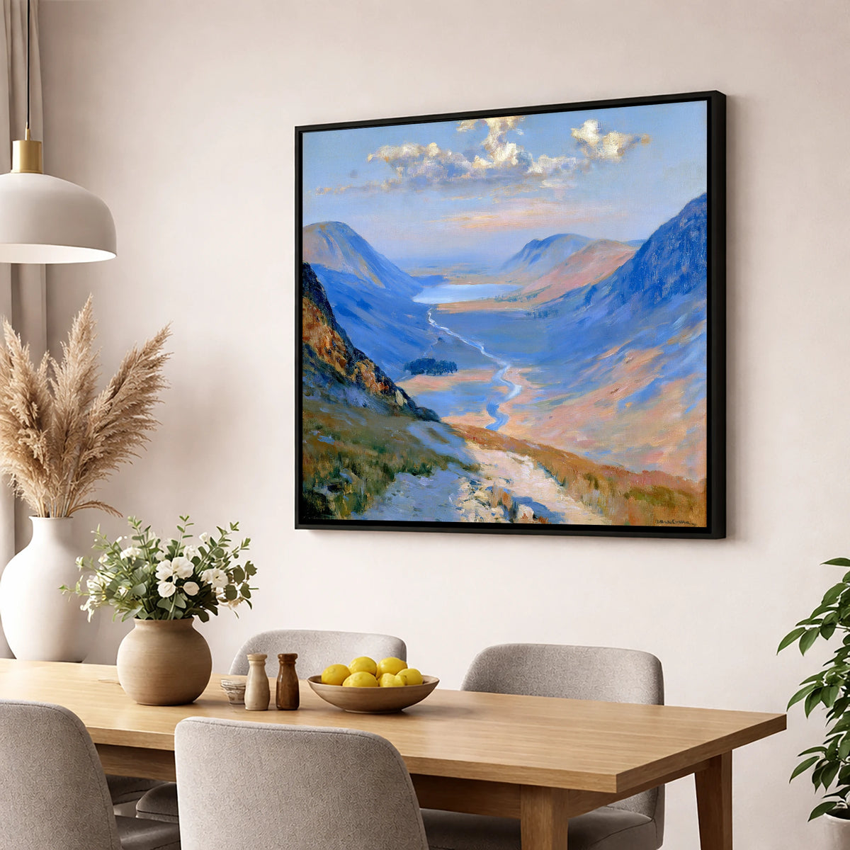 Sunlit Valley Trail from Haystacks lake district fell wall art displayed in a dining room