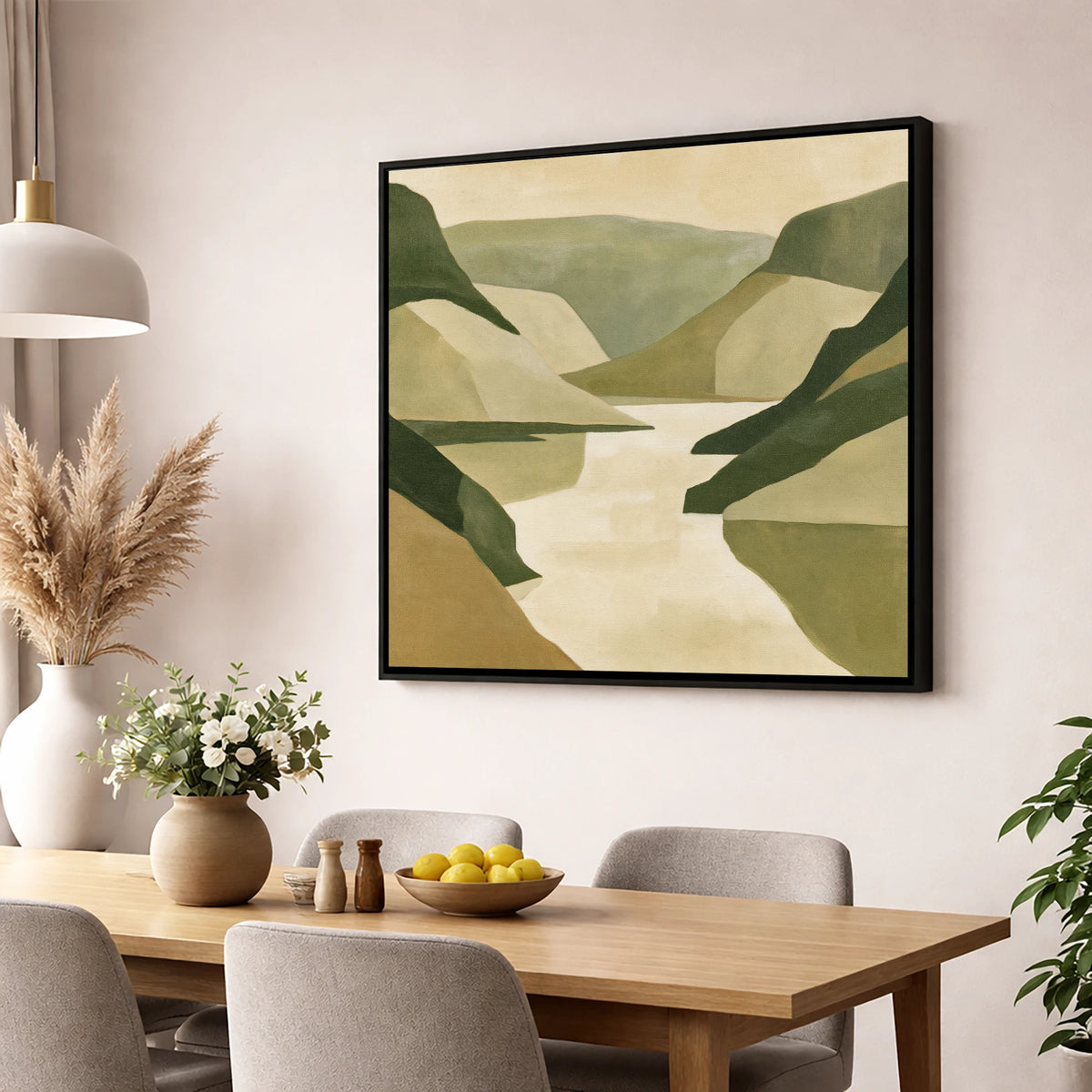 Geometric Fells and Pale Lake lake district lake wall art displayed in a dining room