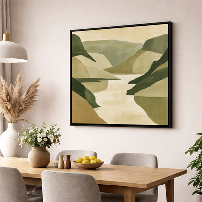 Geometric Fells and Pale Lake lake district lake wall art displayed in a dining room