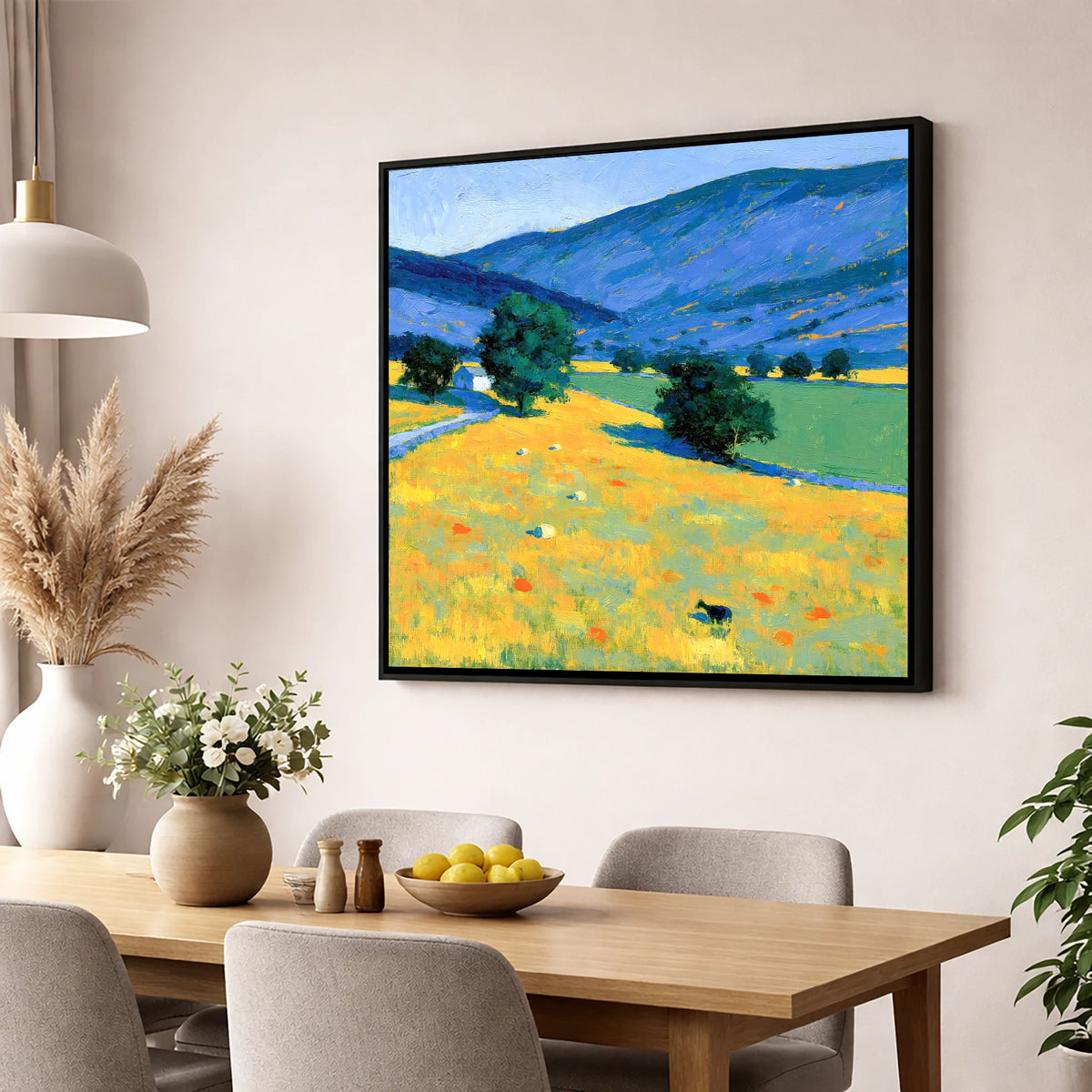 Golden Evening Fells and Pastures lake district sky wall art displayed in a dining room