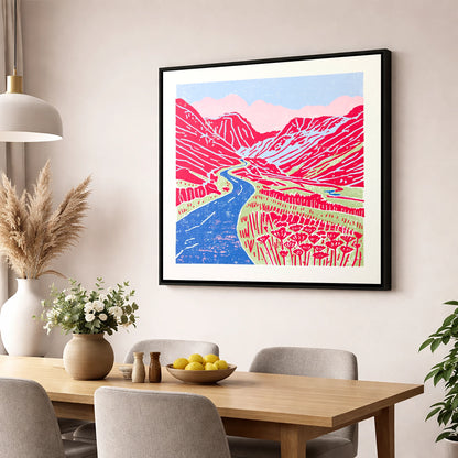 Red Fells Over Hardknott Pass lake district valley wall art displayed in a dining room
