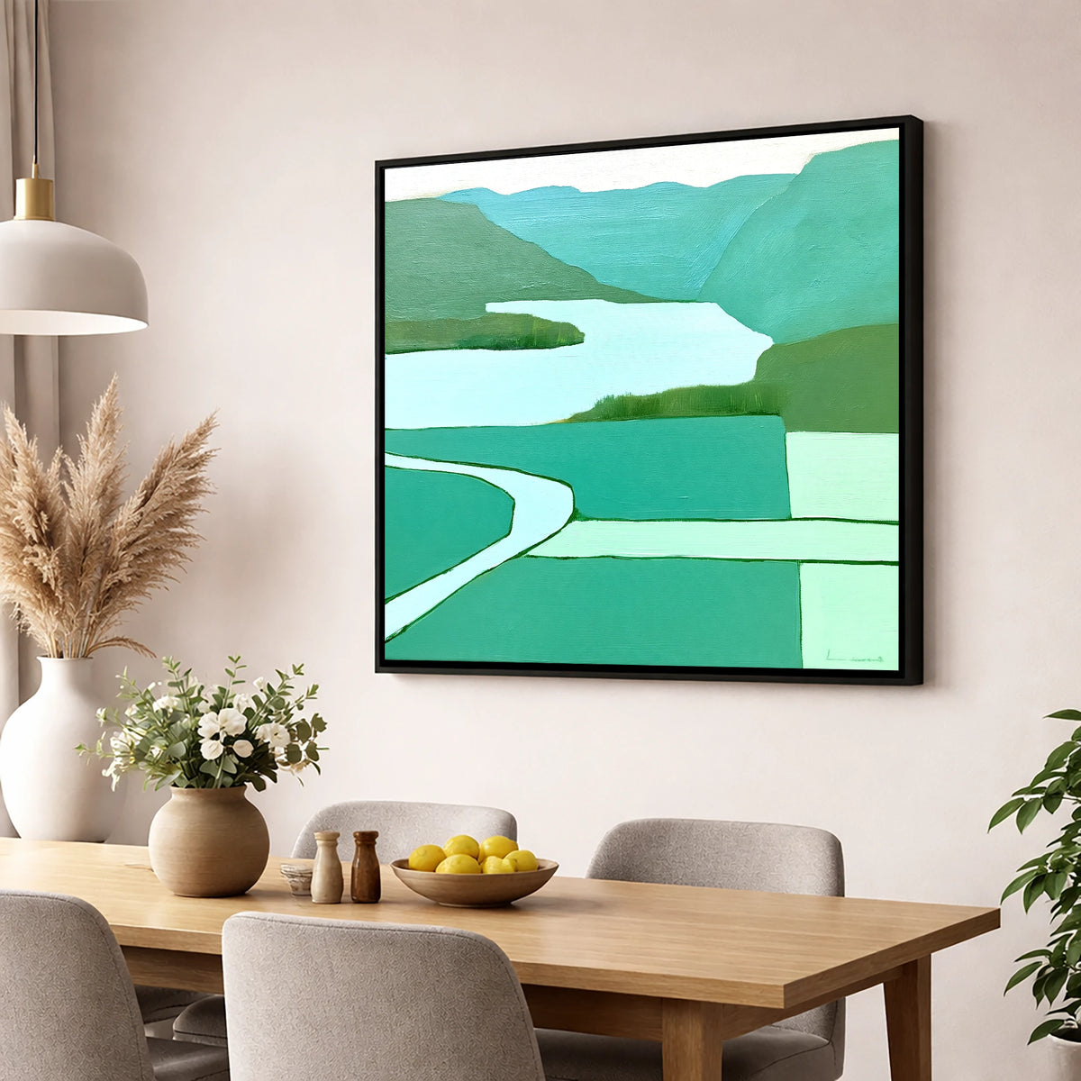 Aerial Elter Water in Teal lake district lake wall art displayed in a dining room