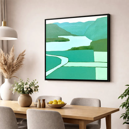 Aerial Elter Water in Teal lake district lake wall art displayed in a dining room