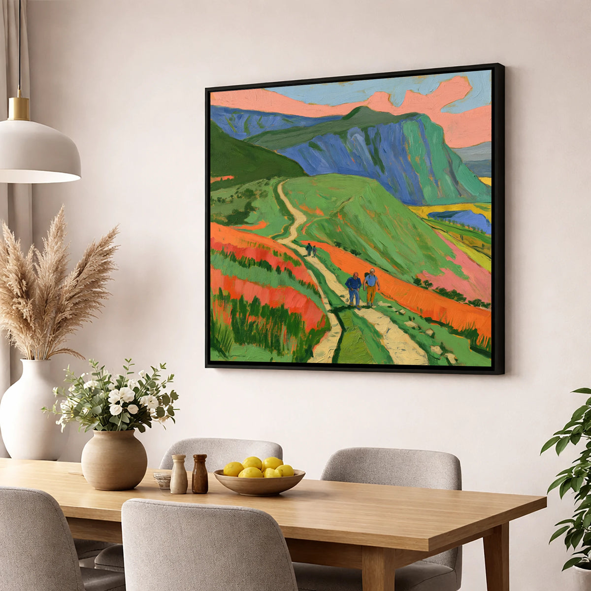 Vivid Mountain Path Walkers lake district walking wall art displayed in a dining room