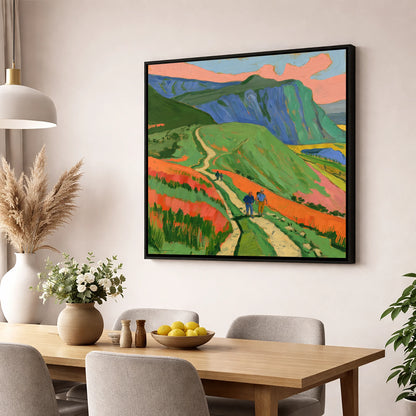 Vivid Mountain Path Walkers lake district walking wall art displayed in a dining room