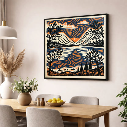 Lake Reflections in Navy and Orange lake district lake wall art displayed in a dining room