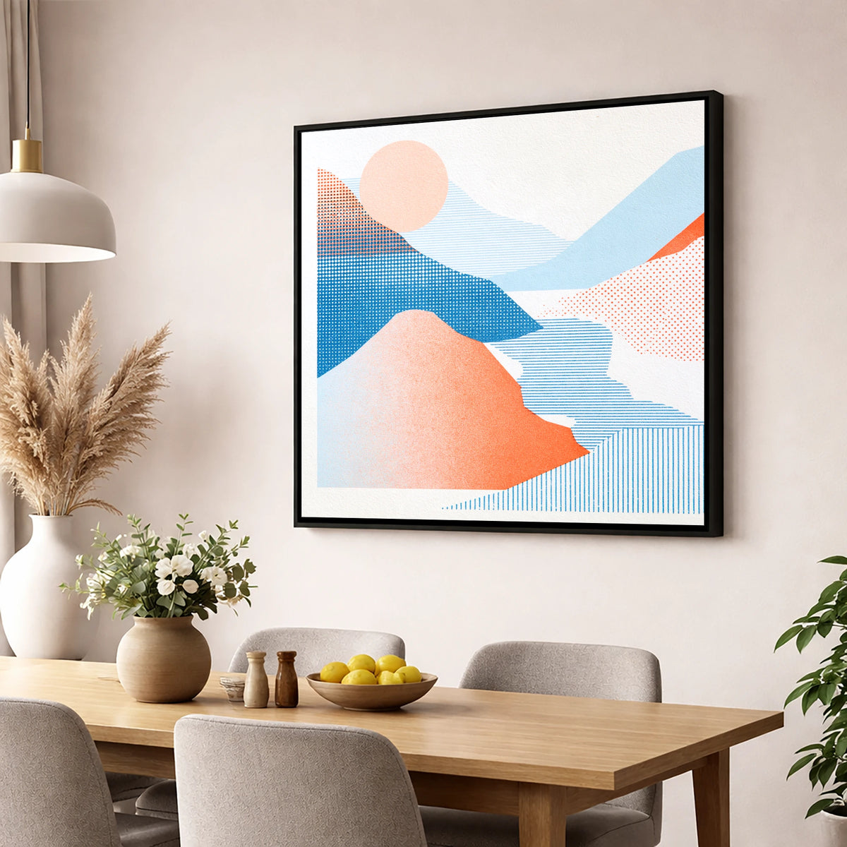 Graphic Eskdale Valley in Coral lake district valley wall art displayed in a dining room