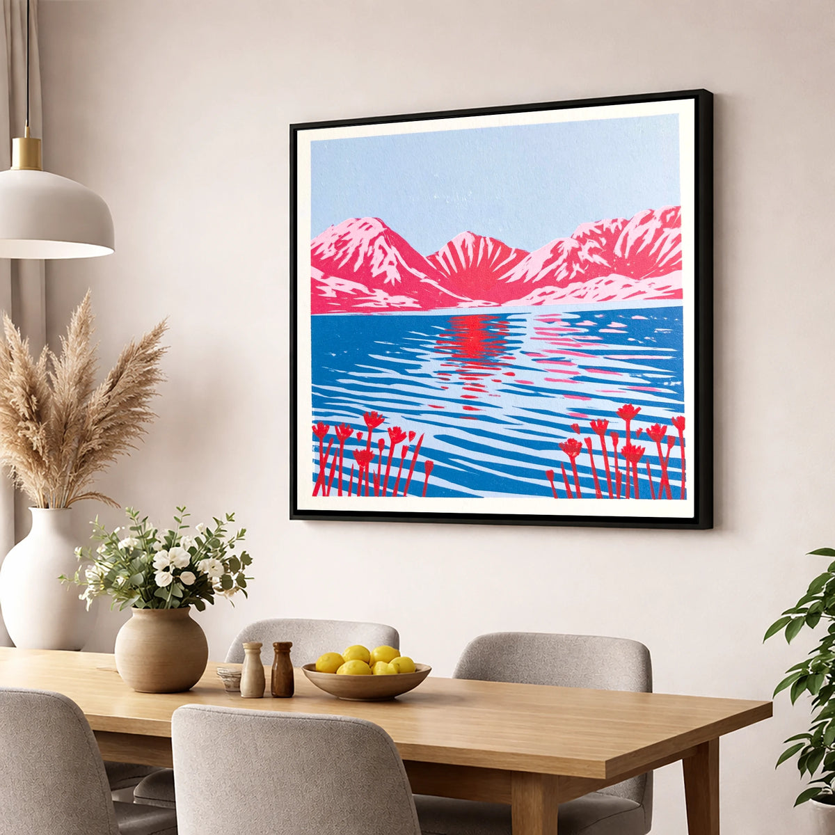 Vivid Fells Over Still Water lake district lake wall art displayed in a dining room