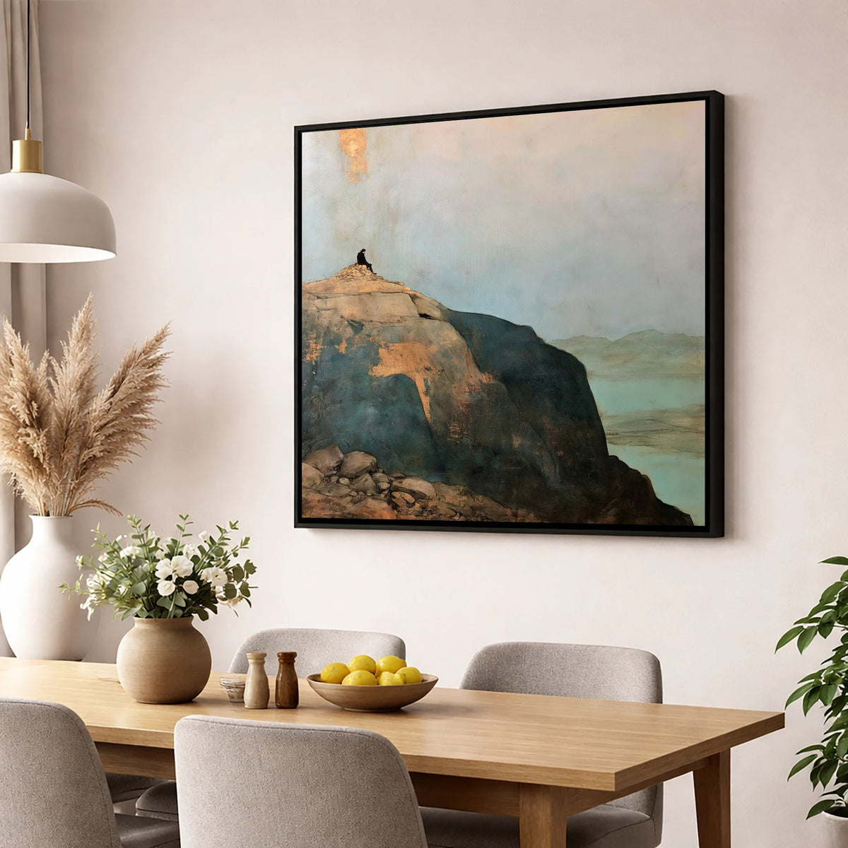 Silhouette on Scafell Pike Summit lake district fell wall art displayed in a dining room